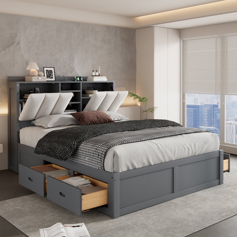 Platform Bed Gray Modern Headboard With Shelving Angled Panels