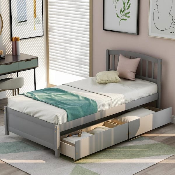 Platform Bed Gray Slatted Arched Headboard Under Bed Storage Drawers
