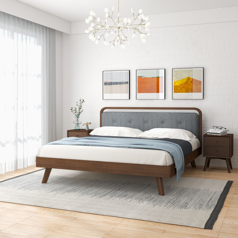 Platform Bed Gray Tufted Headboard Wood Tapered Legs King Size Bed