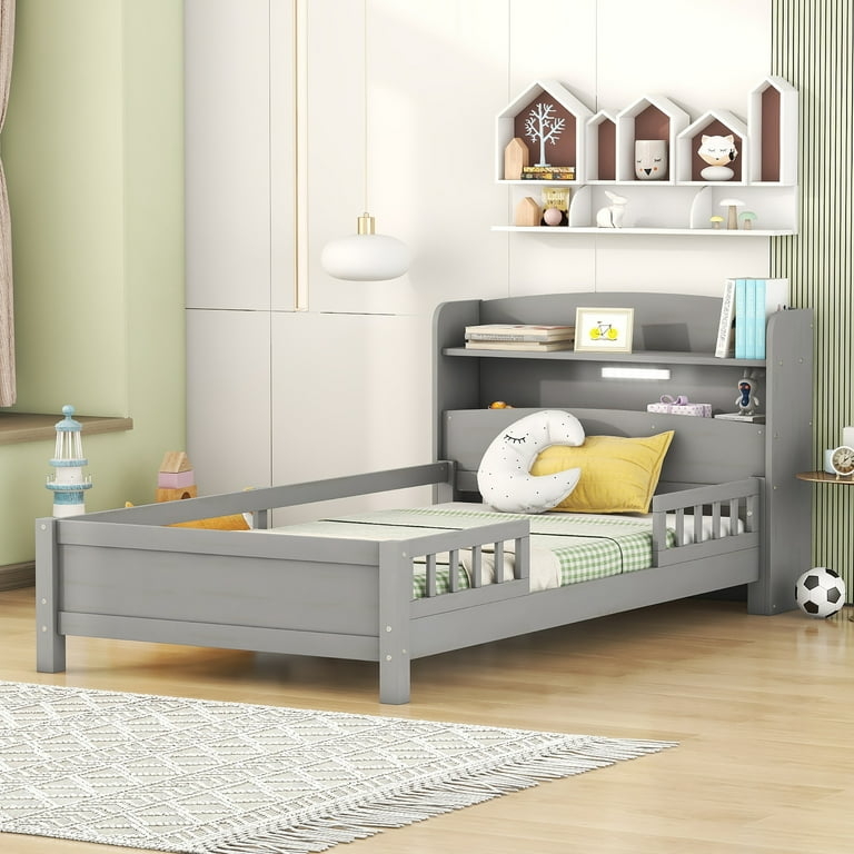 Platform Bed Gray Twin Kids Storage Headboard Integrated LED Guardrails