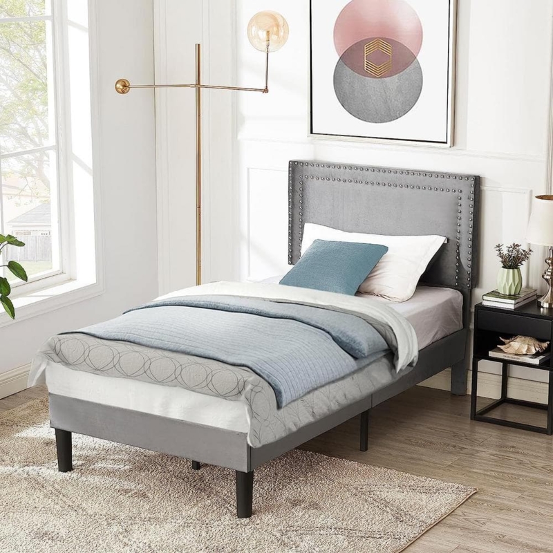 Platform Bed Gray Upholstered Nailhead Trim Headboard Twin