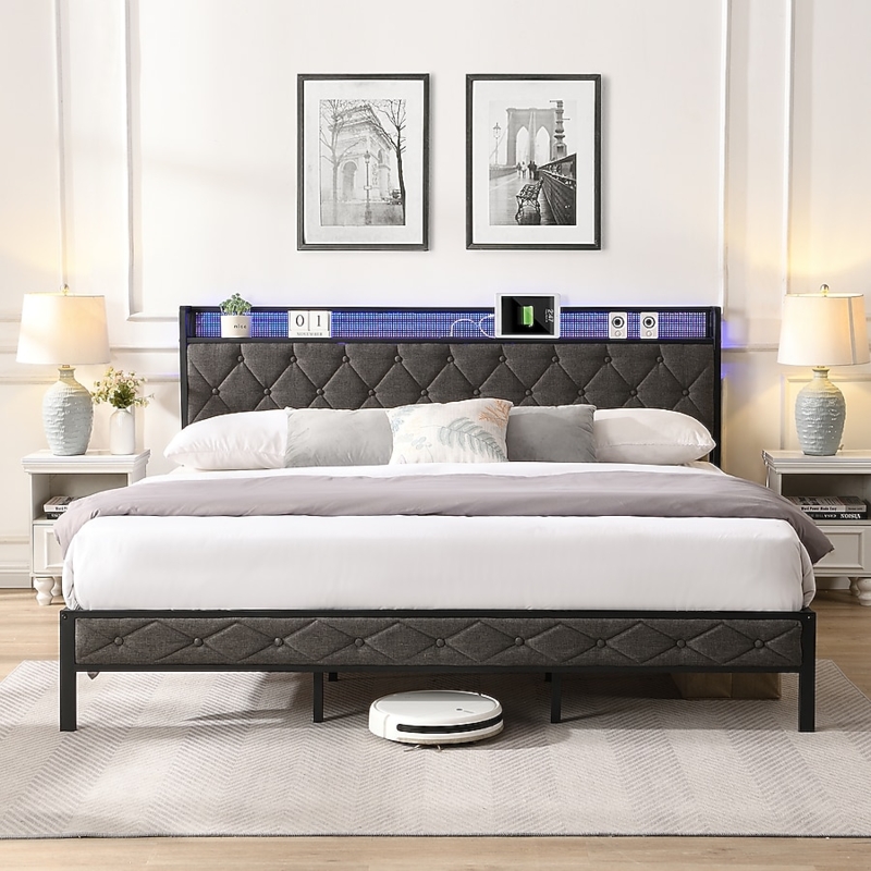 Platform Bed Gray Upholstered Storage Headboard LED Lighting
