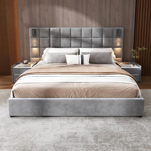 Platform Bed Gray Velvet Grid Tufted Bed With Integrated Reading Lights