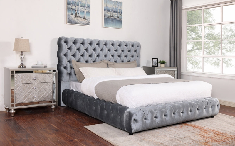 Platform Bed: Gray Velvet Wingback with Deep Diamond Tufting