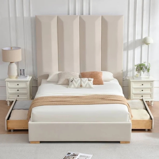 Platform Bed: Grey Channel Tufted with Integrated Storage Drawers