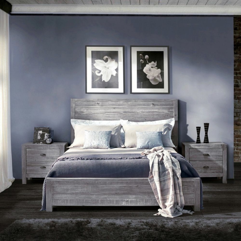 Platform Bed Grey Distressed Finish Plank Style Headboard
