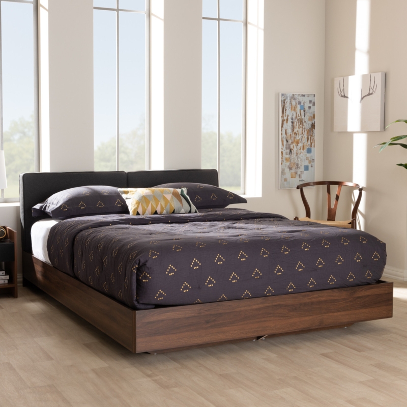 Platform Bed: Grey Fabric Headboard Queen, Two-Tone Minimalist Design