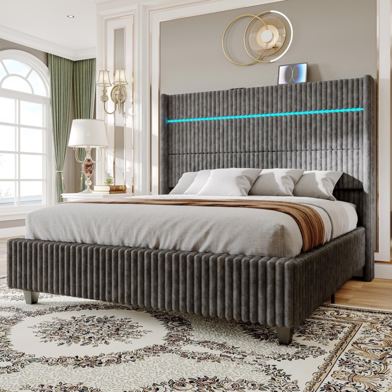 Platform Bed Grey Integrated Cyan LED Light Channeled Headboard