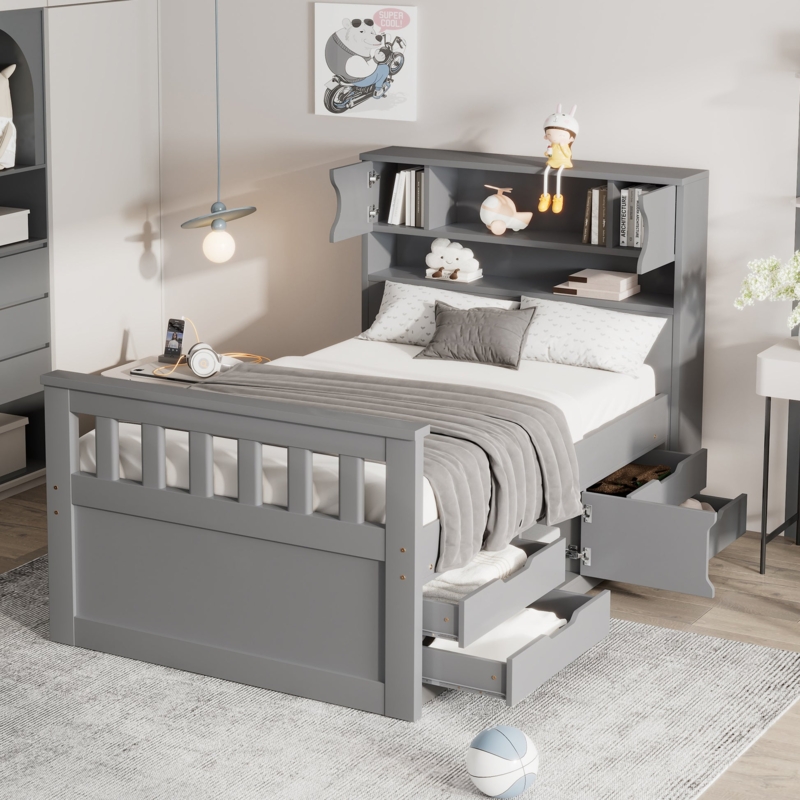 Platform Bed Grey Storage Drawers Bookcase Headboard Functional