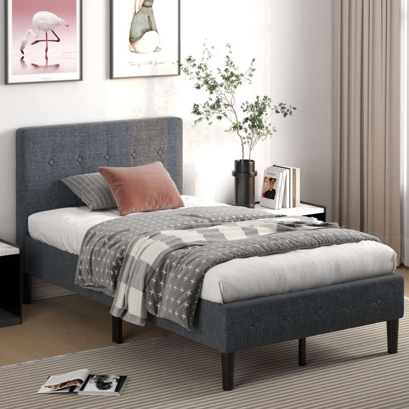 Platform Bed Grey Upholstered Button Tufted Headboard Tapered Legs