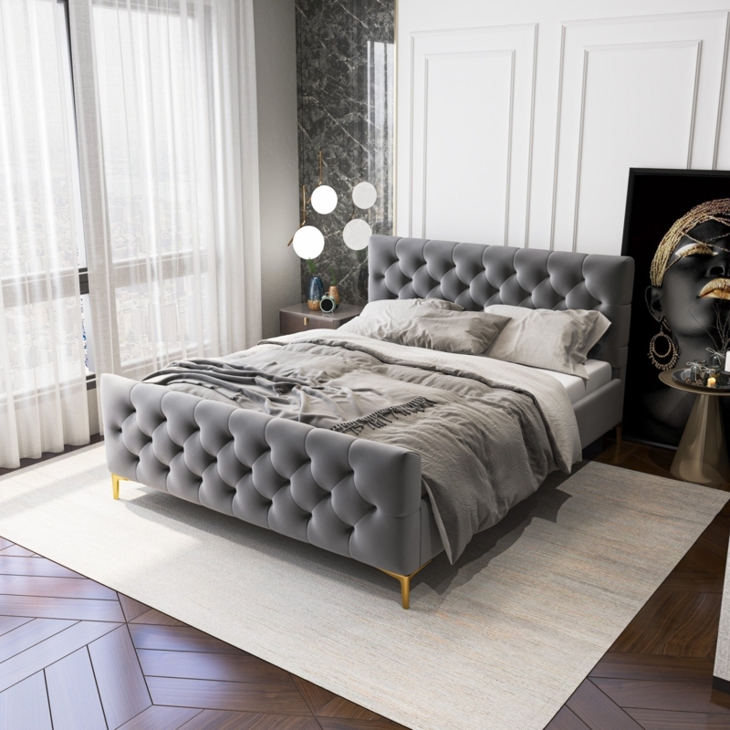 Platform Bed Grey Velvet Diamond Tufted with Gold Tapered Legs