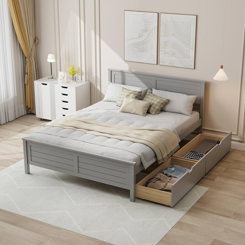 Platform Bed Grey Wood Slatted Headboard Underbed Storage Drawers