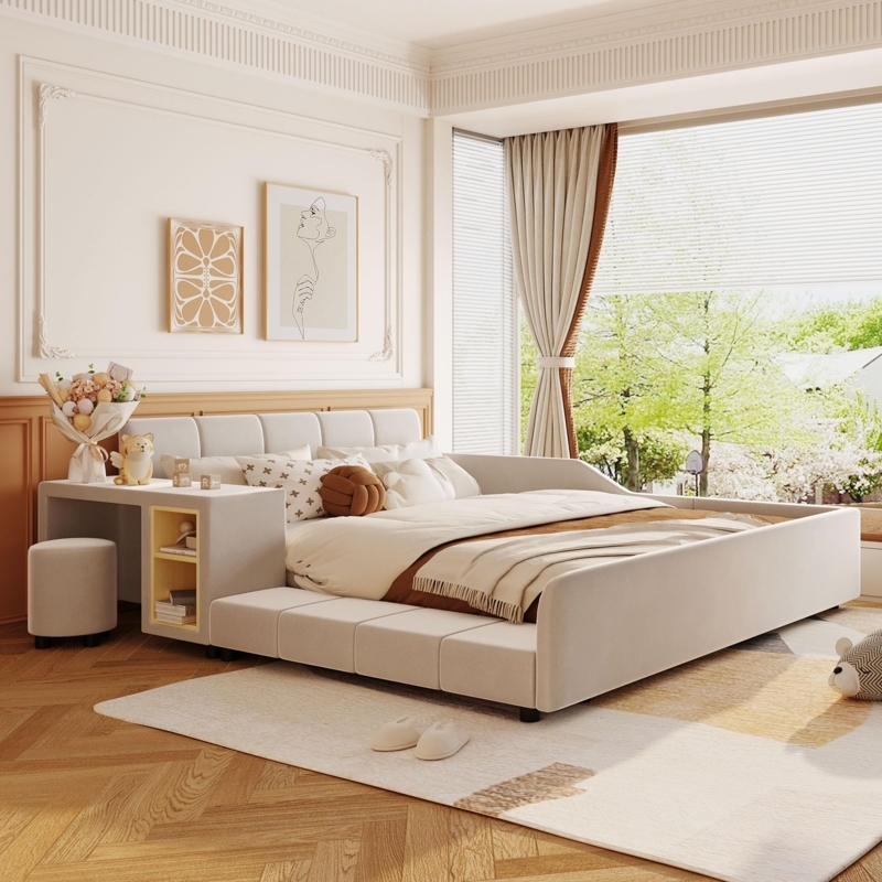 Platform Bed Grounded Low Profile Frame with Integrated Side Desk