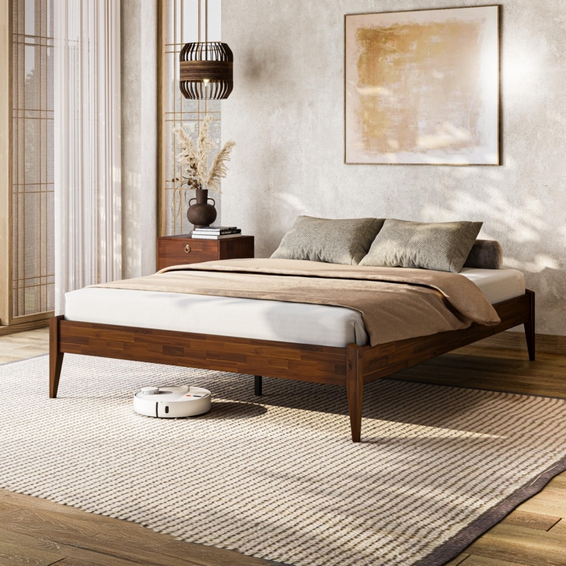 Platform Bed Headboard Less Minimalist Frame Tapered Legs Chocolate