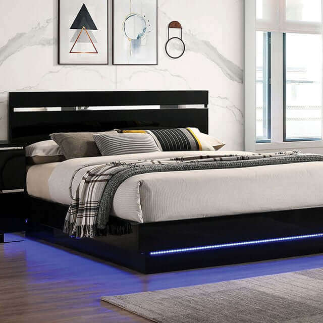 Platform Bed High Gloss Finish LED Lighting Metallic Inlay Futuristic