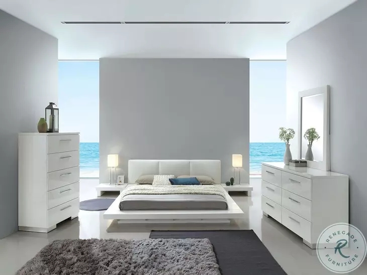 Platform Bed High Gloss White Upholstered Headboard Minimalist Modern