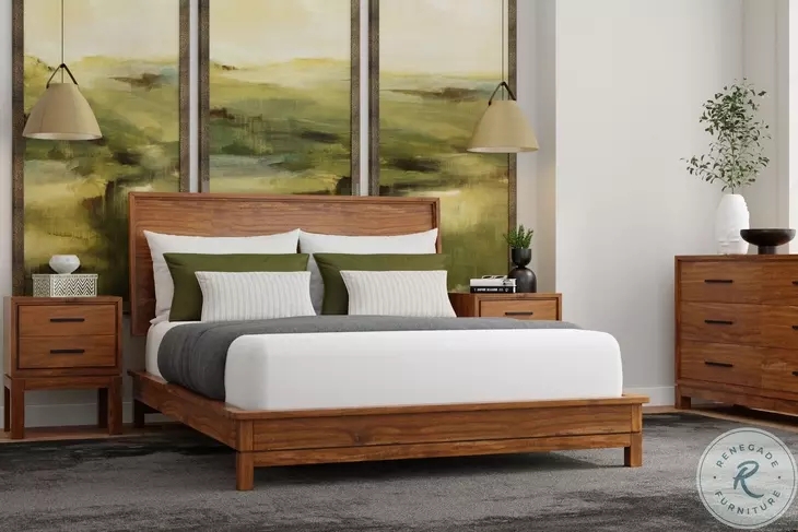 Platform Bed Honey Maple Finish with Solid Panel Headboard