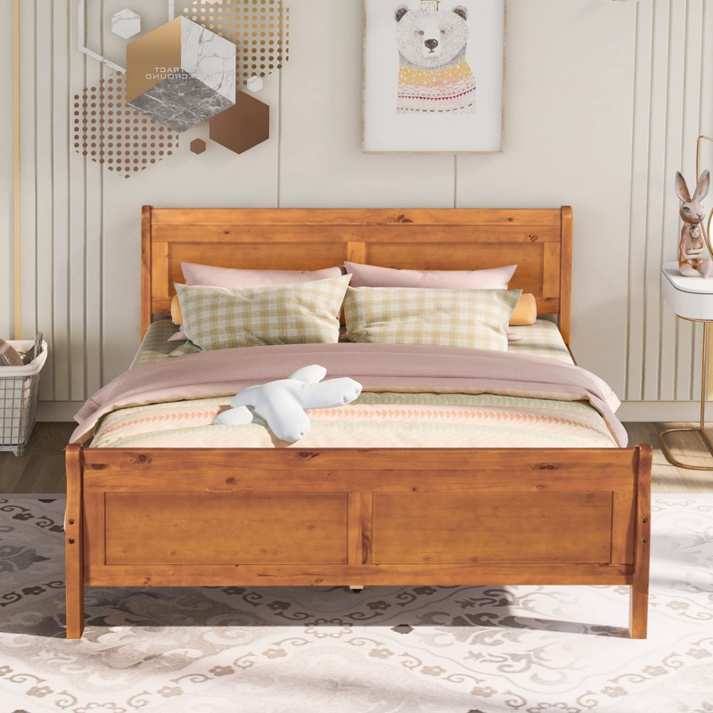 Platform Bed Honey Oak Transitional Panel Footboard Wood Frame