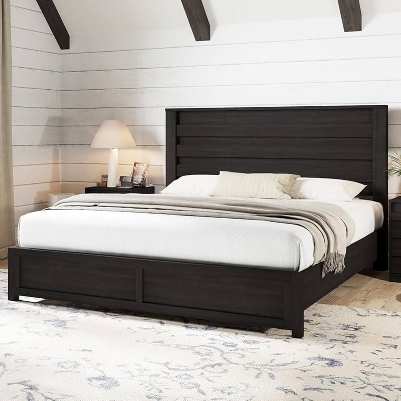 Platform Bed Horizontal Slat Headboard Matte Finish Farmhouse