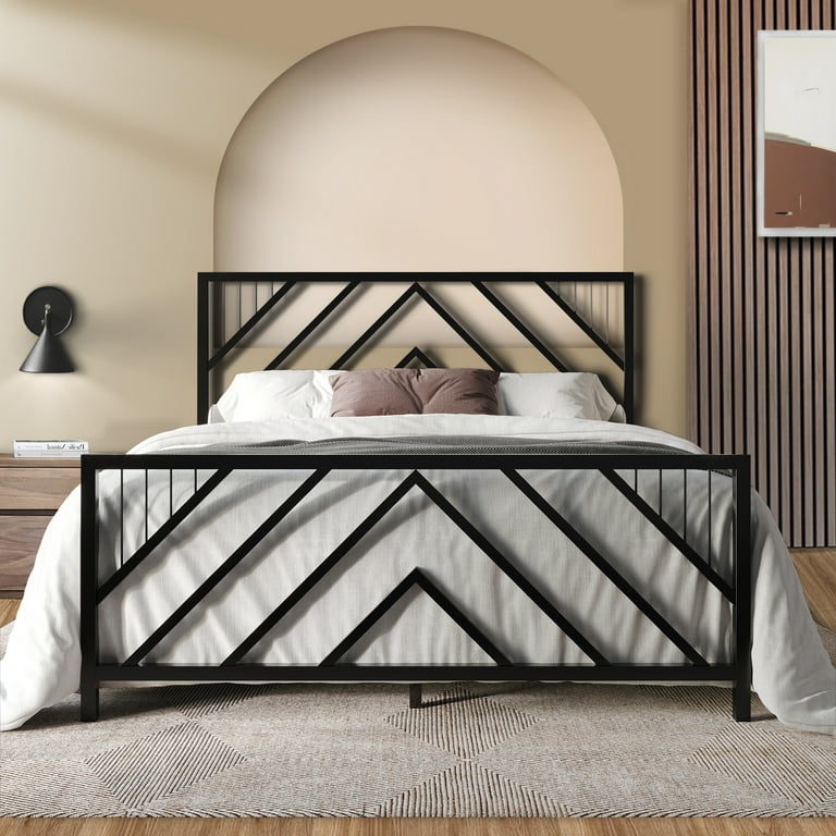Platform Bed in Matte Black Metal with Chevron Slat Design