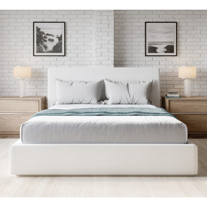 Platform Bed in Pearl Upholstery, Low Profile, Rectangular Headboard