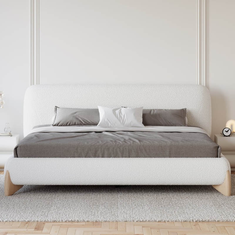 Platform Bed in White Boucle Fabric with Curved Headboard Design