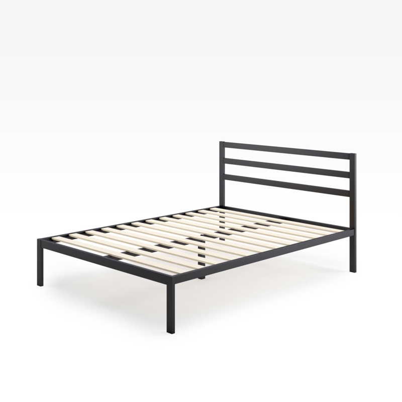 Platform Bed Industrial Black Metal Wooden Slat Headboard