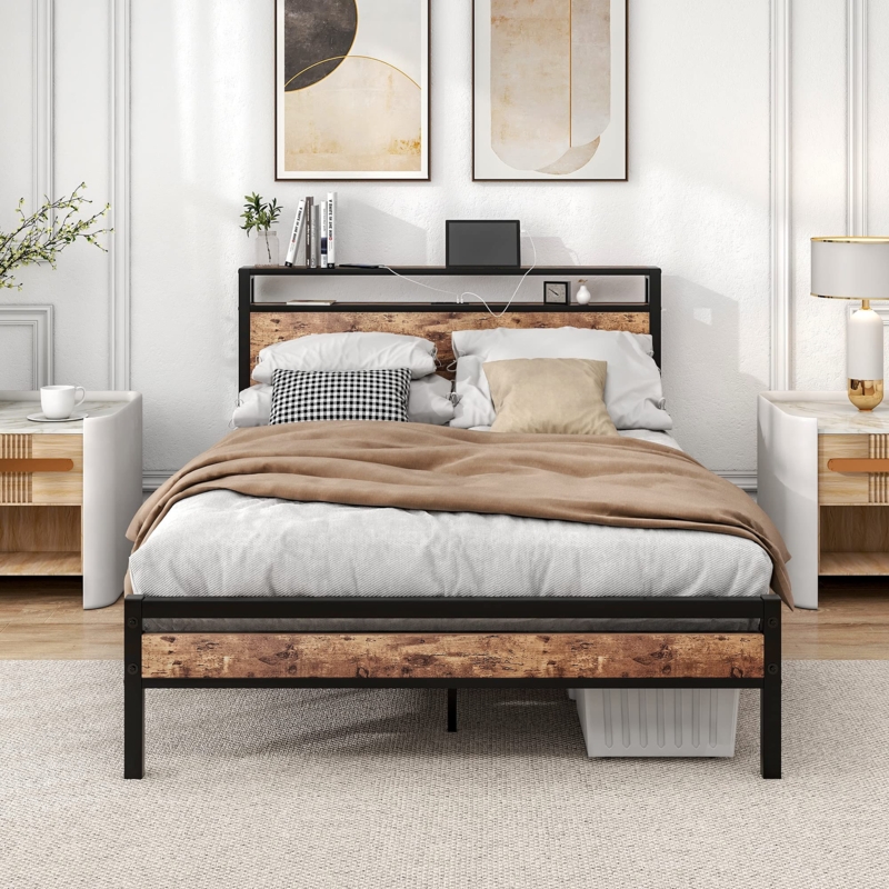 Platform Bed Industrial Metal Rustic Wood Storage Headboard