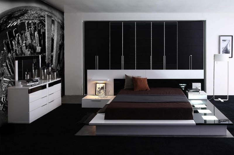 Platform Bed Integrated LED Headboard Design Two Tone Lacquer Finish