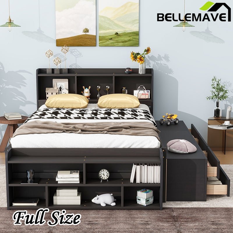 Platform Bed Integrated Side Bench Charcoal Gray Full Bed With Storage