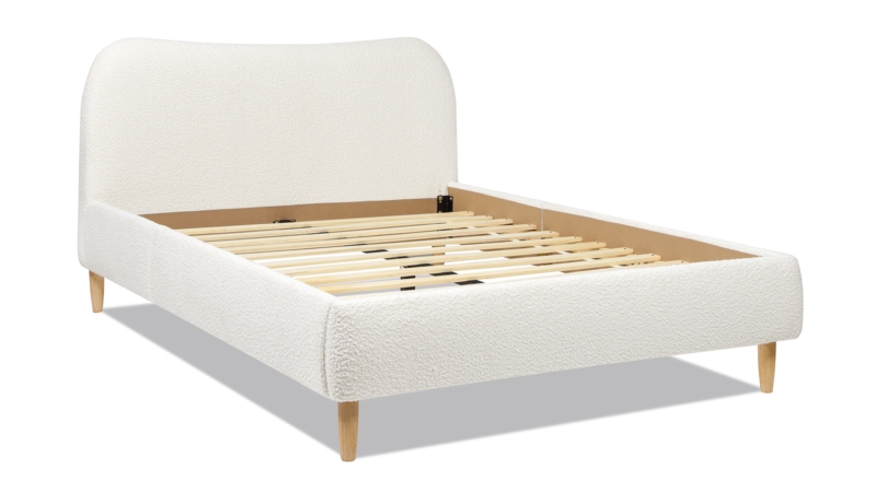 Platform Bed, Ivory Boucle Texture, Curved Headboard, Tapered Wooden Legs
