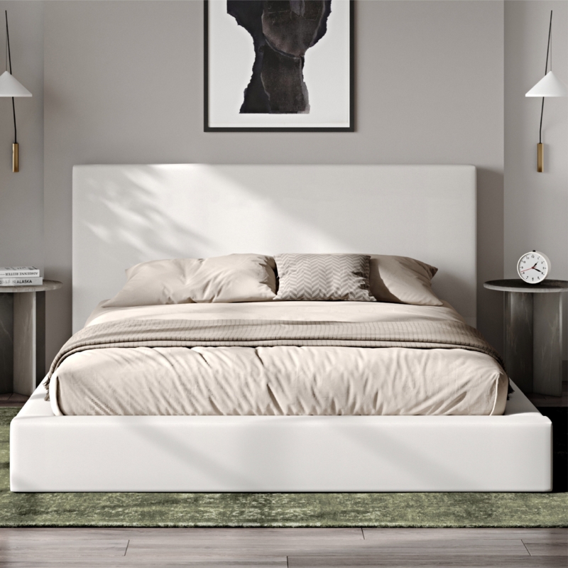 Platform Bed Ivory Upholstery Wide Headboard Minimalist Bedroom Decor
