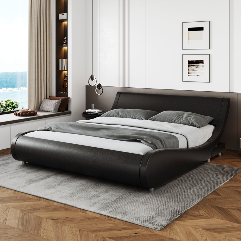 Platform Bed Leather-Like Curved Headboard Adjustable Contemporary