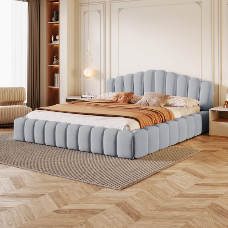Platform Bed Light Blue Velvet Scalloped Headboard Vertical Channel Bed