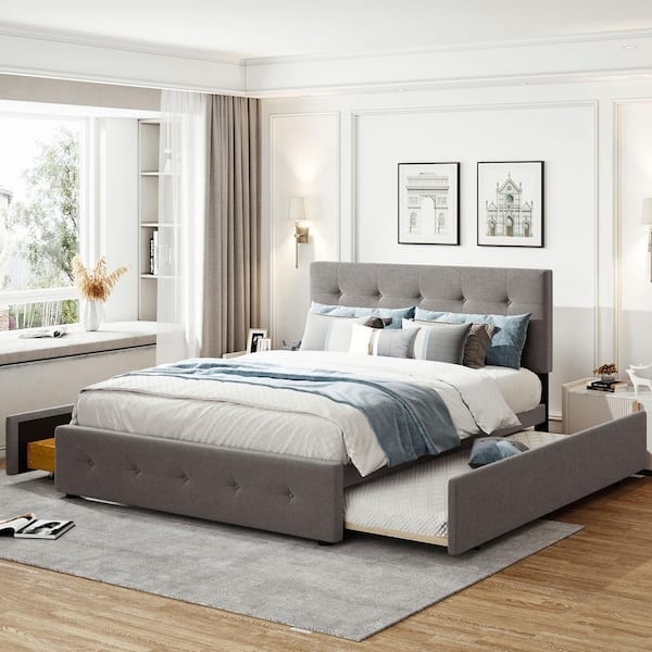 Platform Bed, Light Gray Tufted with Integrated Trundle and Drawers