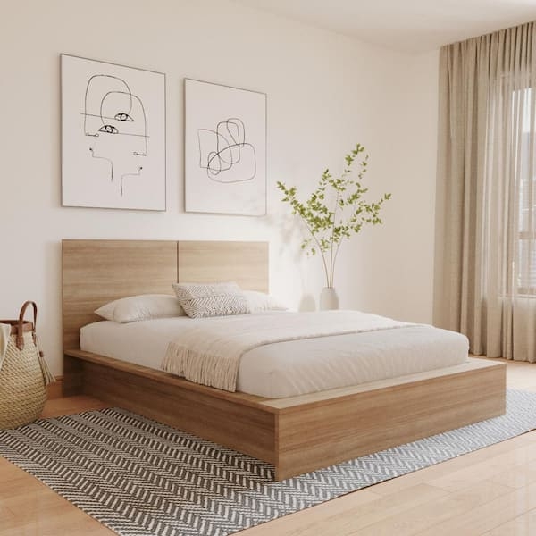 Platform Bed Light Oak Finish Minimalist Headboard Scandinavian Frame