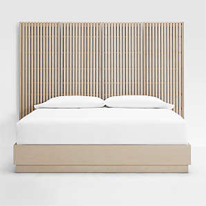 Platform Bed Light Wood Tall Vertical Slatted Headboard Japandi