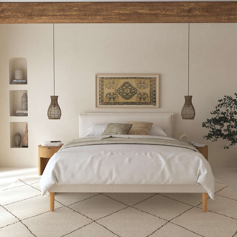 Platform Bed Linen Texture Upholstered Tapered Wood Legs Organic Decor