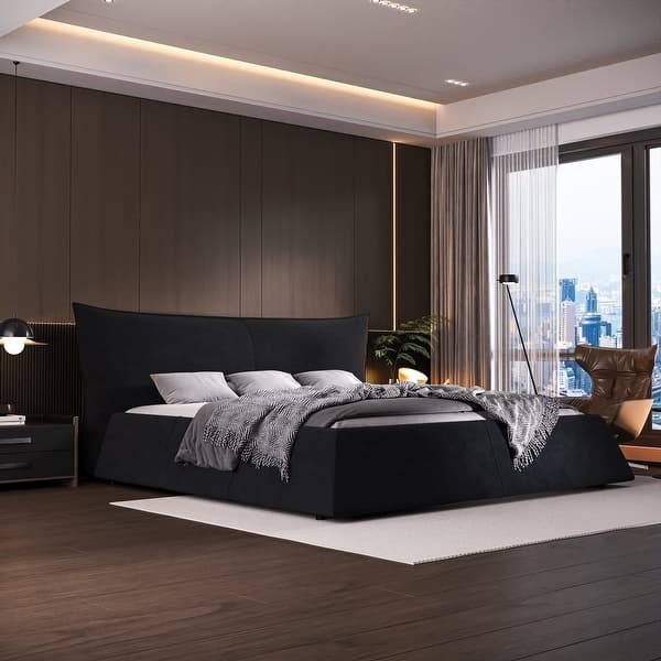 Platform Bed Low Profile Charcoal Velvet with Winged Padded Headboard