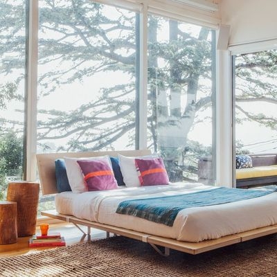 Platform Bed Low Profile with Integrated Headboard, Minimalist Wood