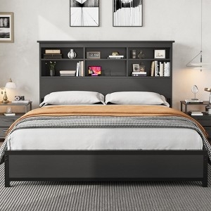 Platform Bed Matte Black Finish with Multi-Tier Shelving Cubbies
