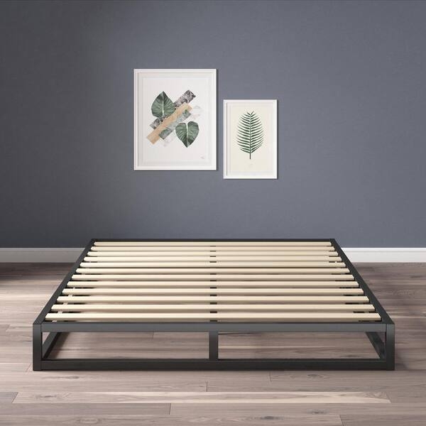 Platform Bed Matte Black Frame Exposed Slats Industrial Slatted Base