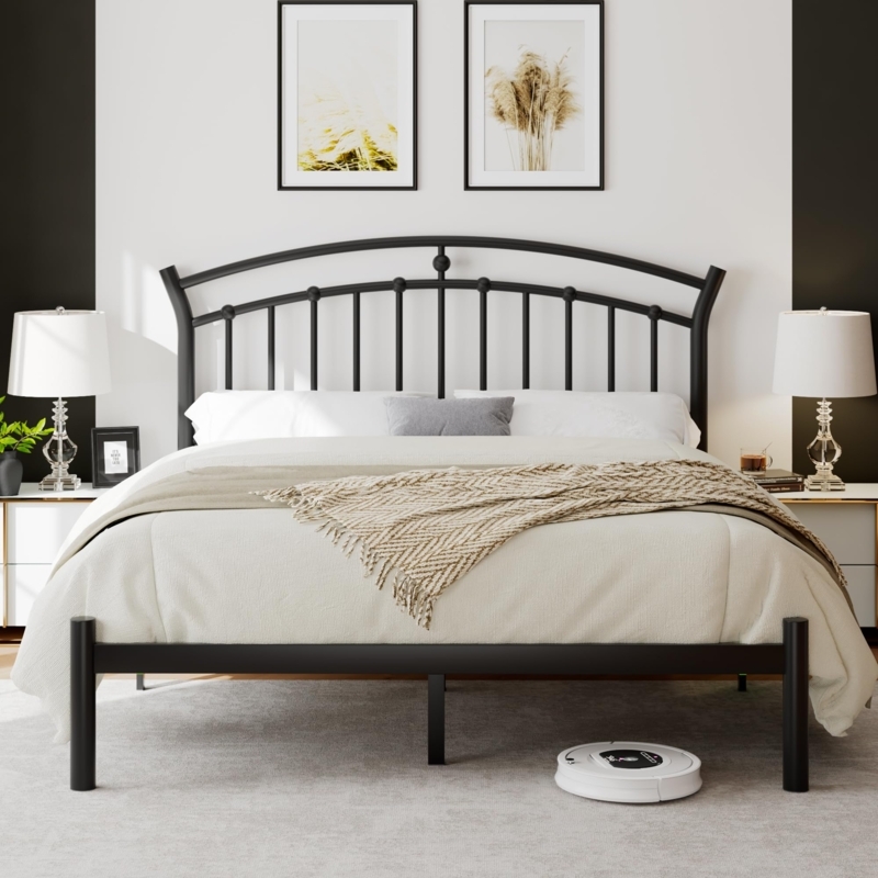 Platform Bed Matte Black Metal Arched Spindle Under Bed Storage