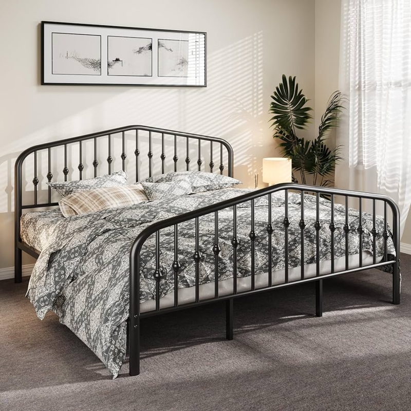 Platform Bed Matte Black Metal Arched Spindle Vintage Farmhouse