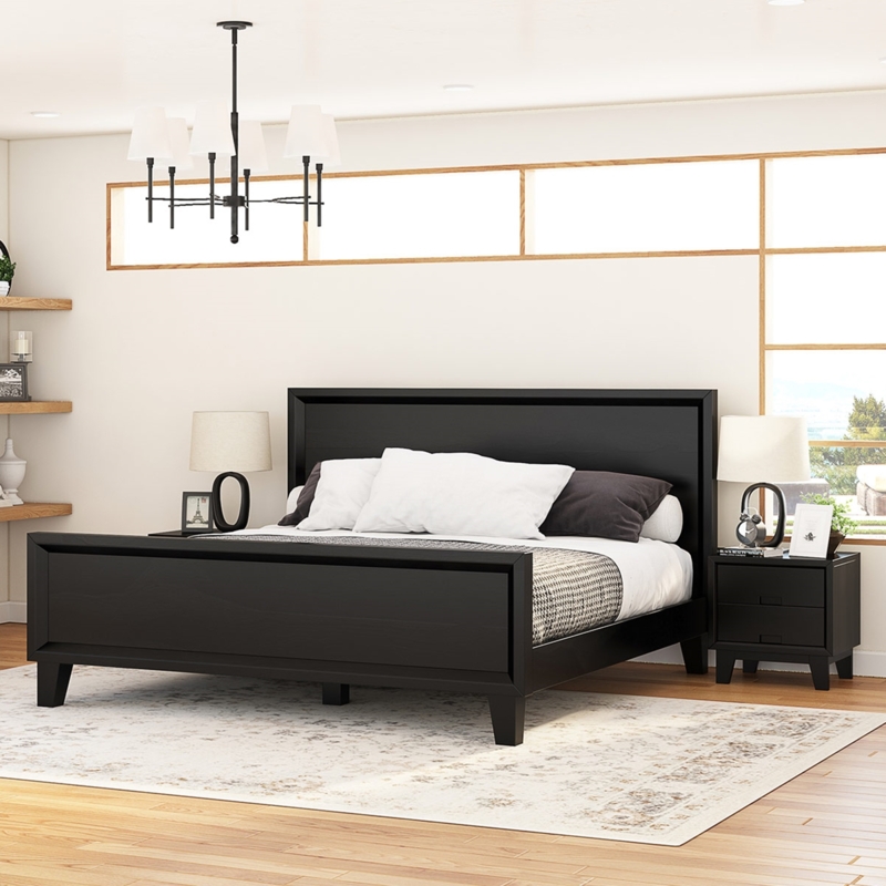 Platform Bed Matte Finish Solid Headboard Recessed Panels Tapered Legs