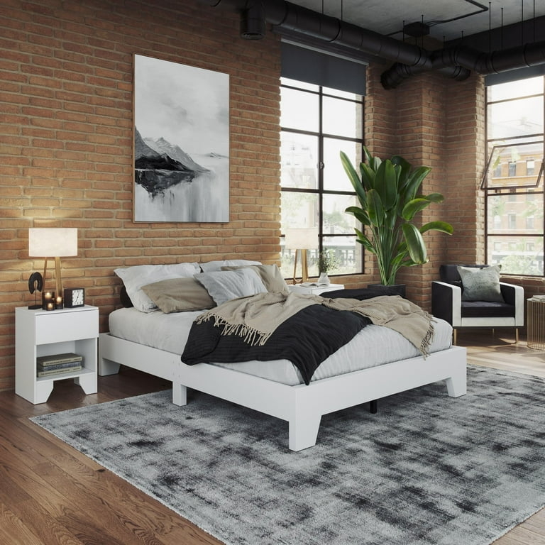 Platform Bed Matte White No Headboard Design Thick Block Legs