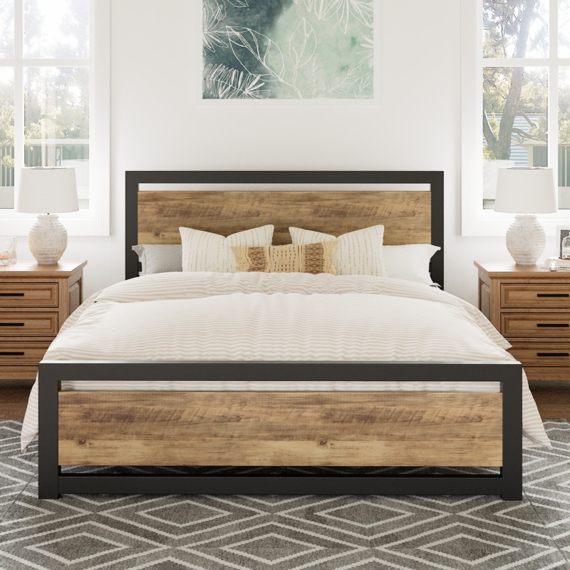 Platform Bed Metal Frame Wood Panel Accents Modern Farmhouse