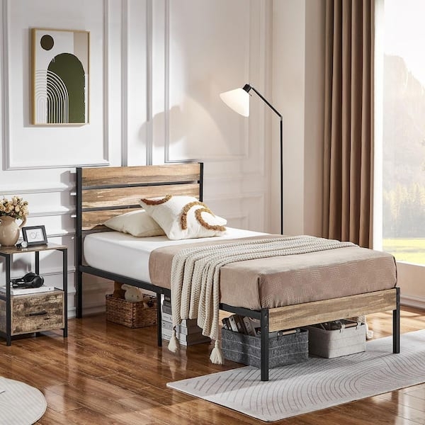 Platform Bed Metal with Wood Slat Accents and Industrial Style