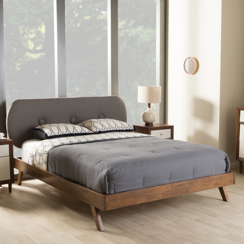 Platform Bed, Mid-Century, Curved Tufted Headboard, Walnut