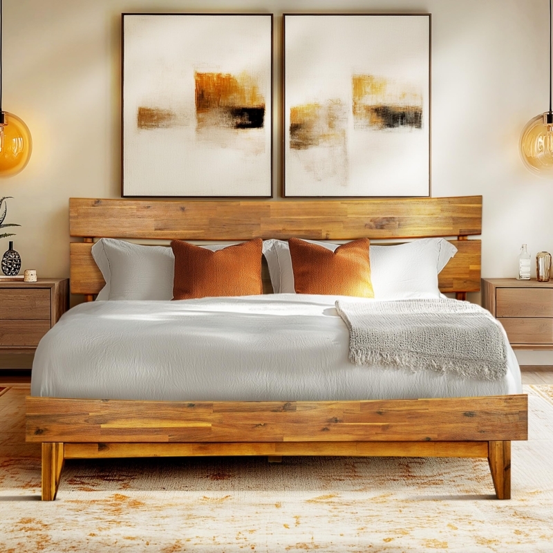Platform Bed Mid Century Honey Oak Horizontal Slat Headboard